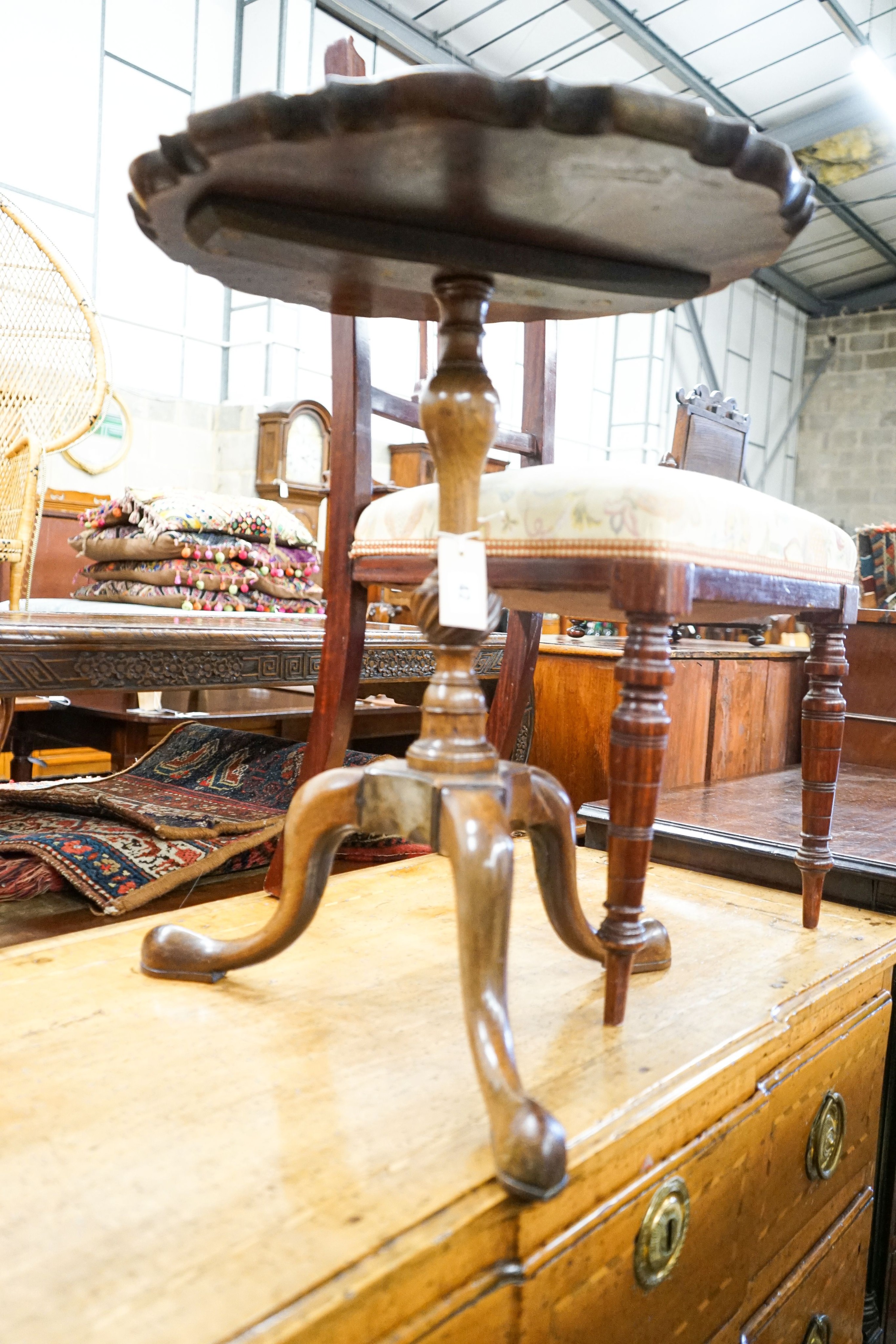 A George II style circular mahogany tripod table, diameter 50cm, height 61cm together with an Edwardian inlaid salon chair